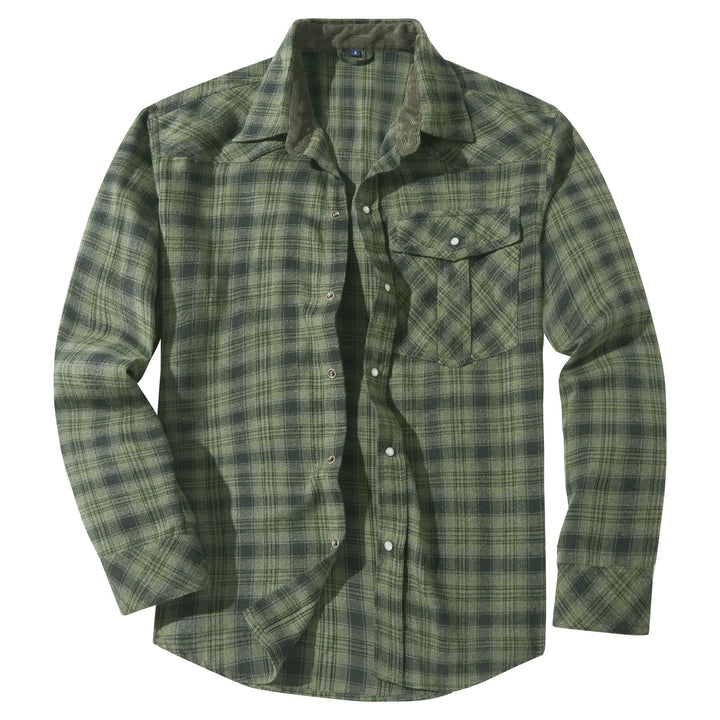 Stylish grey and black plaid men's snap button flannel shirt, comfortable cotton blend.