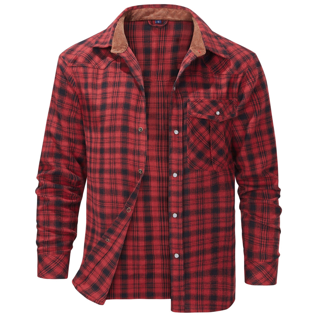 Men's heavy-duty snap button flannel shirt in a versatile plaid pattern, great for layering.