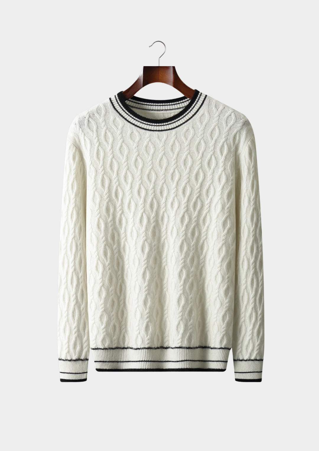 Men's refined crew neck sweater with striped trim, a versatile long sleeve knit for smart casual wear.