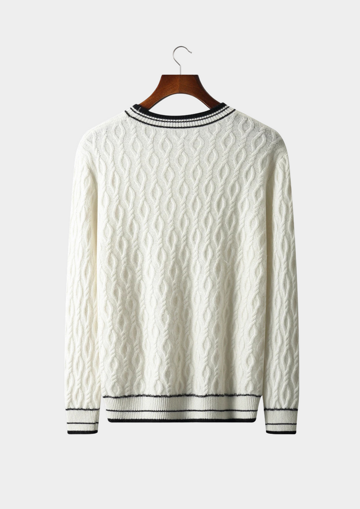 Men's cable knit crew neck sweater with striped trim, ideal for all-season casual or smart fashion.