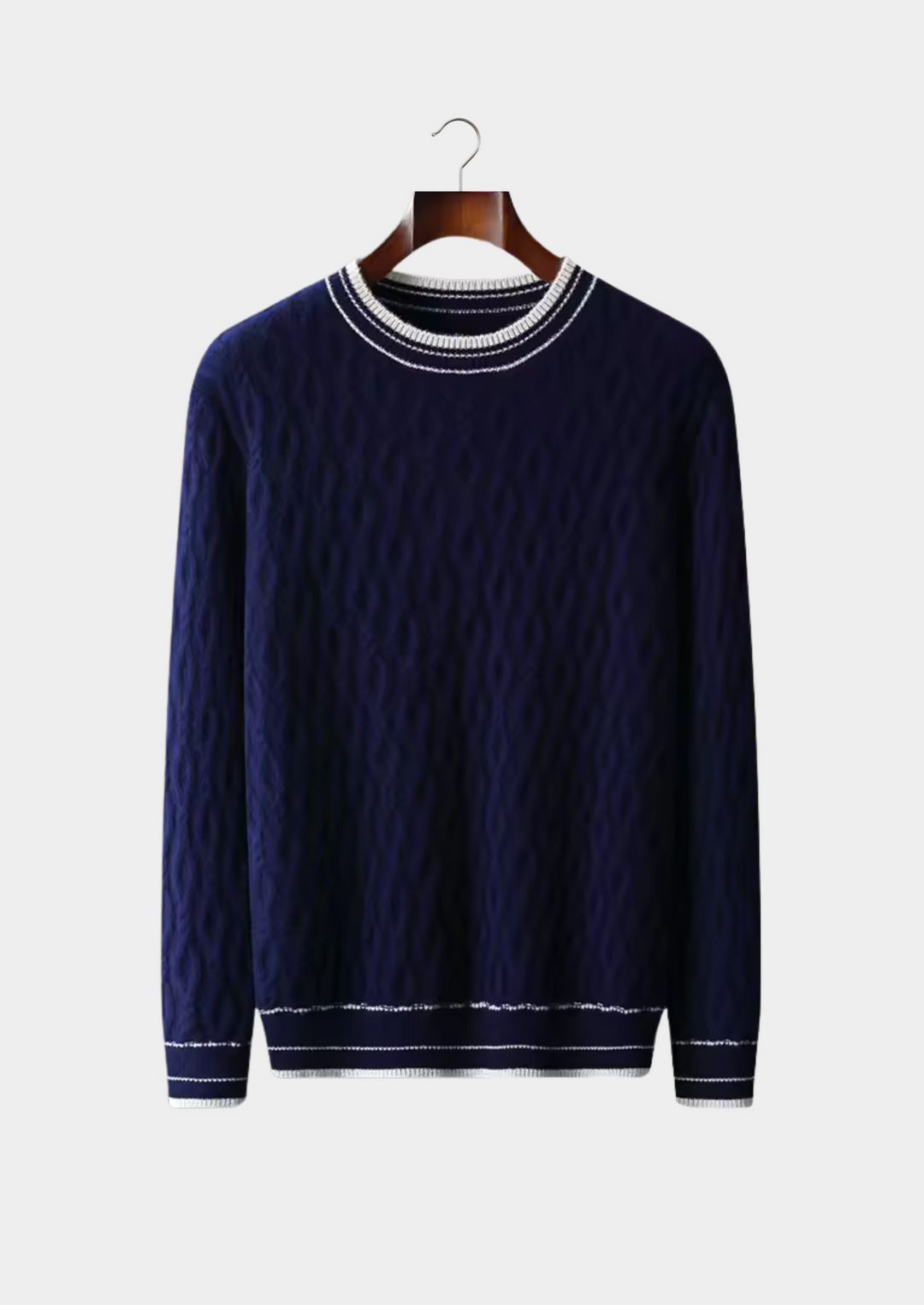 Versatile men's striped trim crew neck sweater. An all-season long sleeve knit for casual & smart fashion.