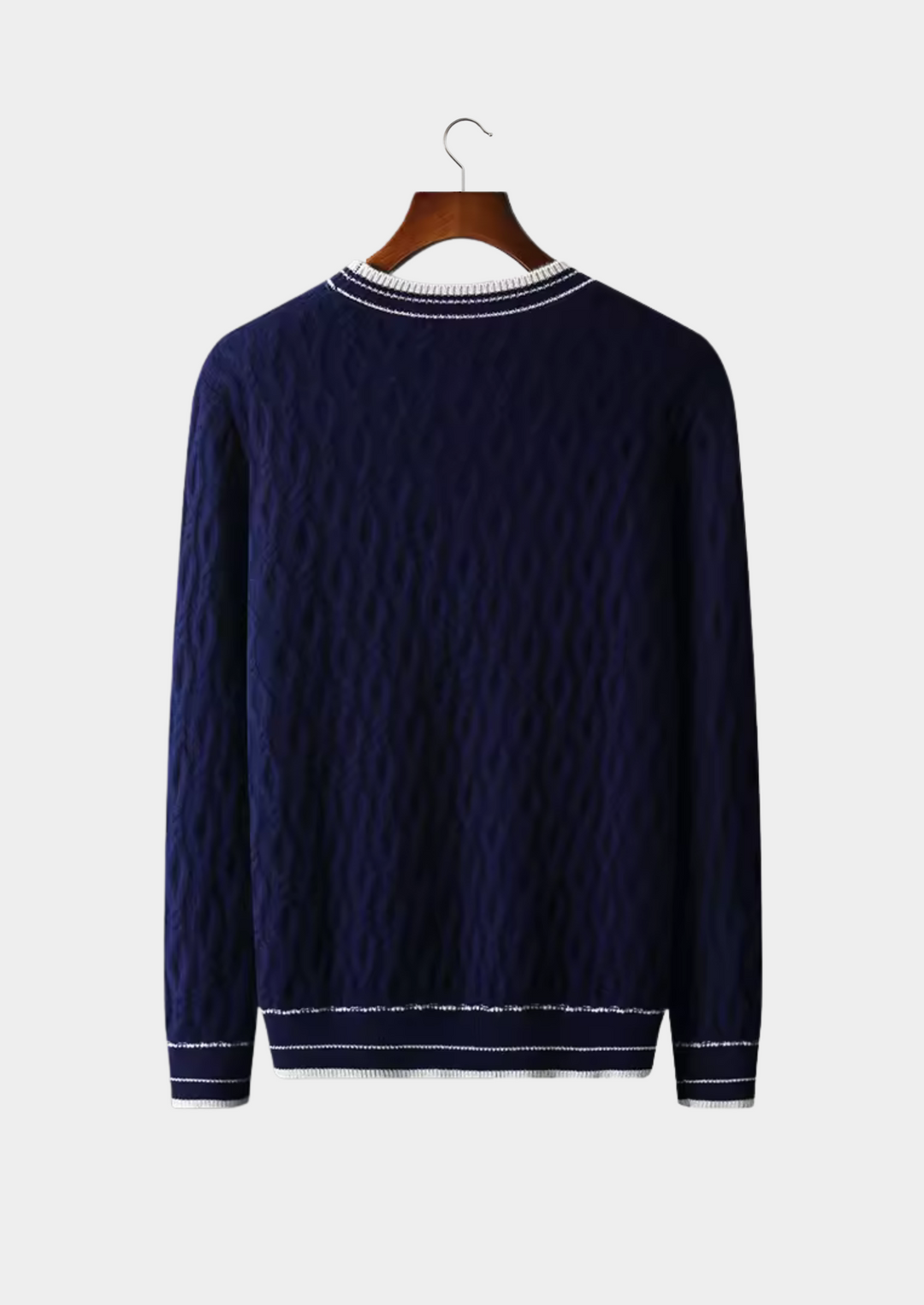Men's cable knit crew neck sweater with striped trim. A refined long sleeve knit for versatile wear.