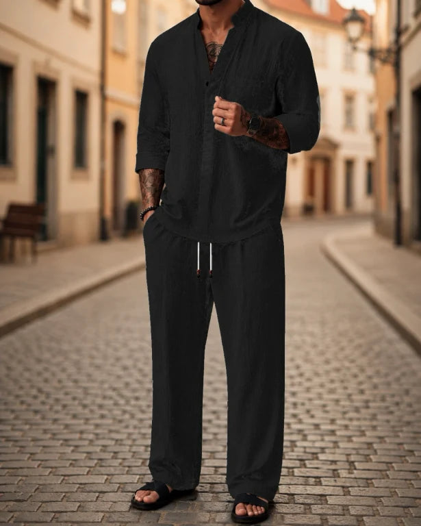 Men's relaxed fit 2-piece casual outfit set with mandarin collar shirt & drawstring pants, perfect for summer travel.