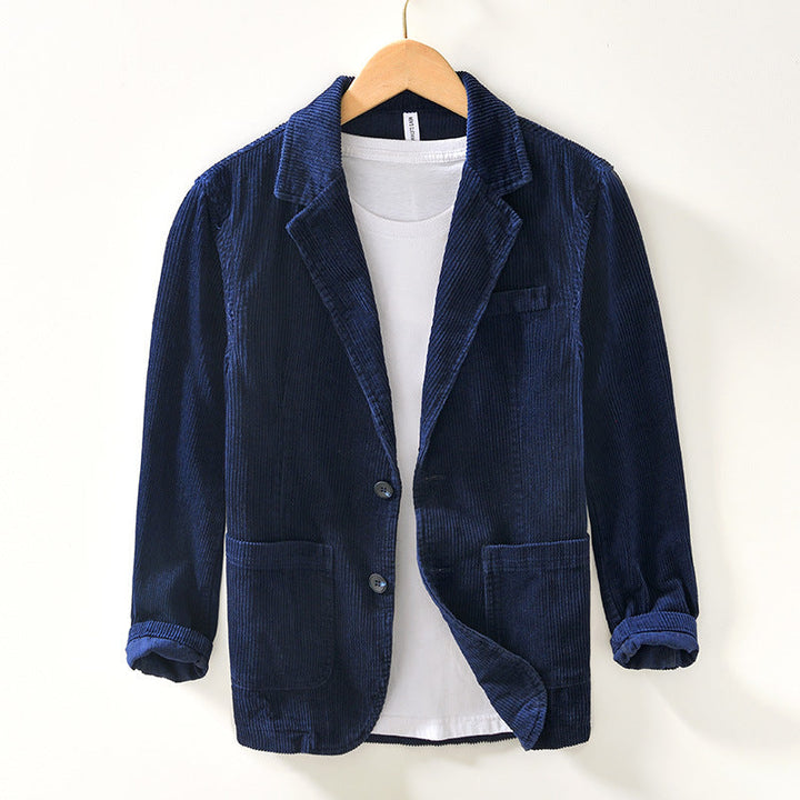 Men's relaxed fit blue corduroy blazer, front view, perfect for smart casual outfits