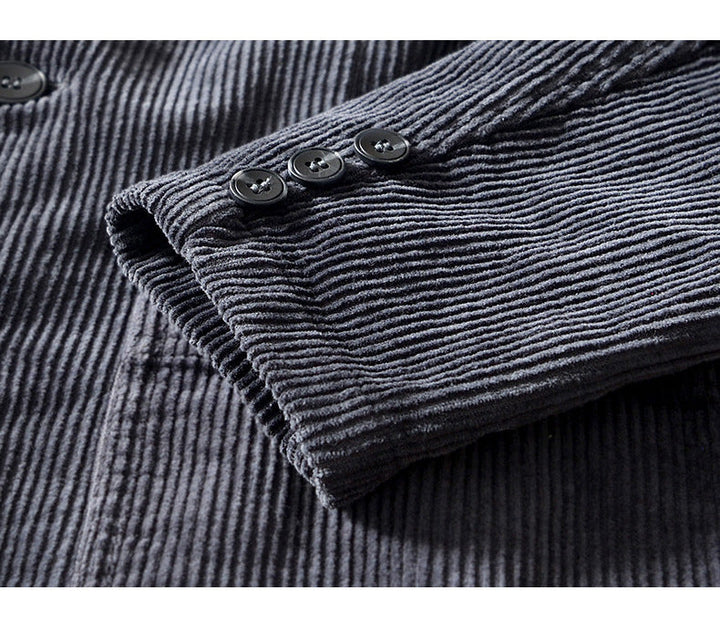 Men's blue corduroy blazer, relaxed fit, styled casually with jeans for outerwear