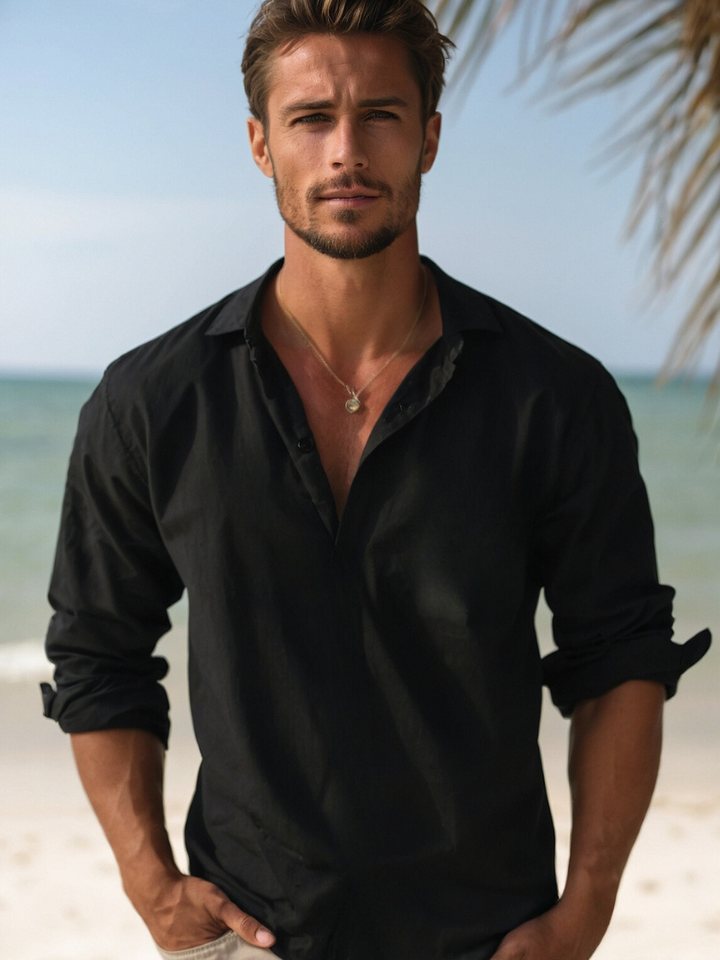 Men's relaxed fit button-down summer shirt, long sleeve, perfect for warm weather, vacation, and casual wear.
