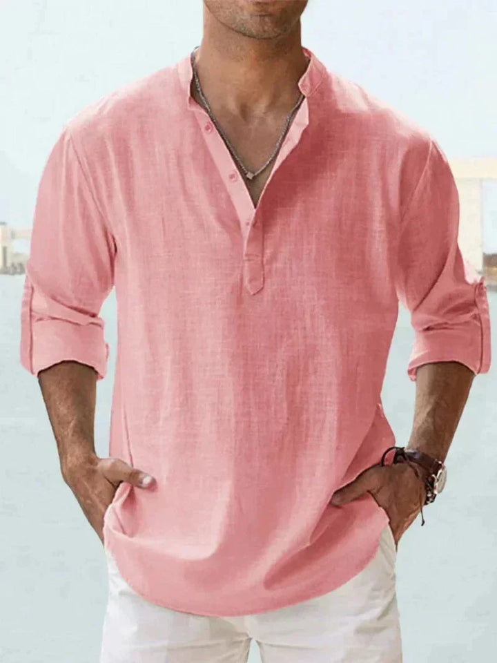 Stylish & comfortable men's relaxed fit long sleeve button-down summer shirt for casual outfits and vacation wear.
