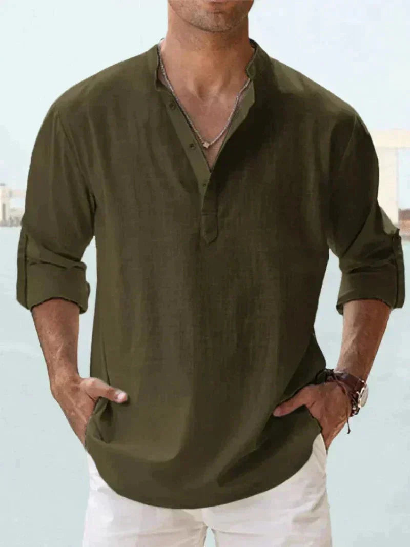 Men's long sleeve relaxed fit button-down summer shirt, a must-have for warm weather, beach, and versatile casual style.