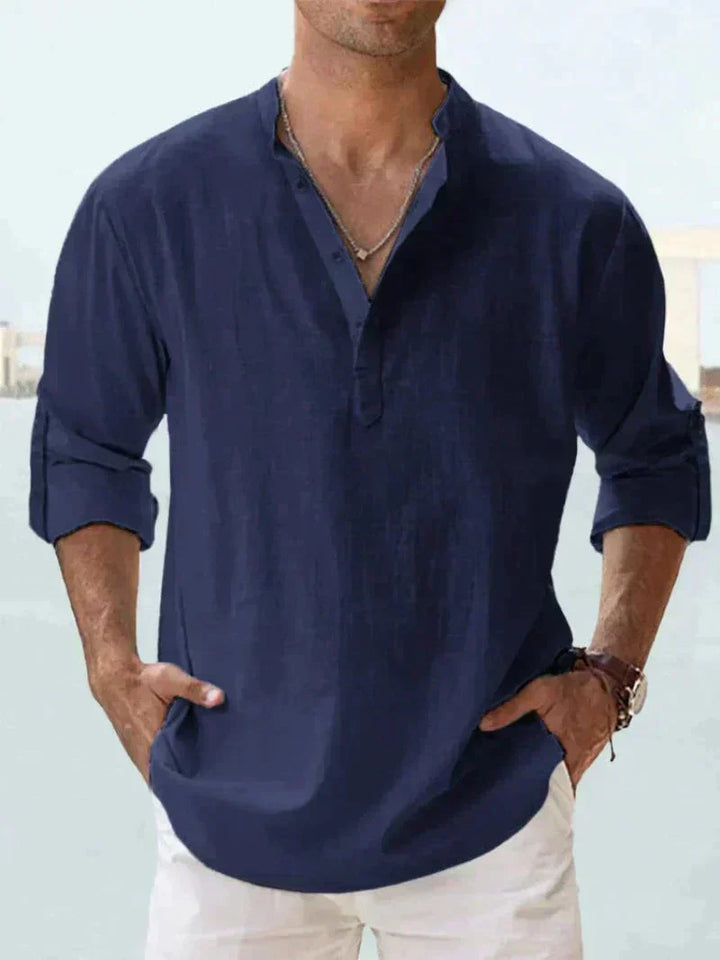 Versatile men's summer shirt, relaxed fit button-down, ideal for vacation, beach, or casual warm weather outfits.