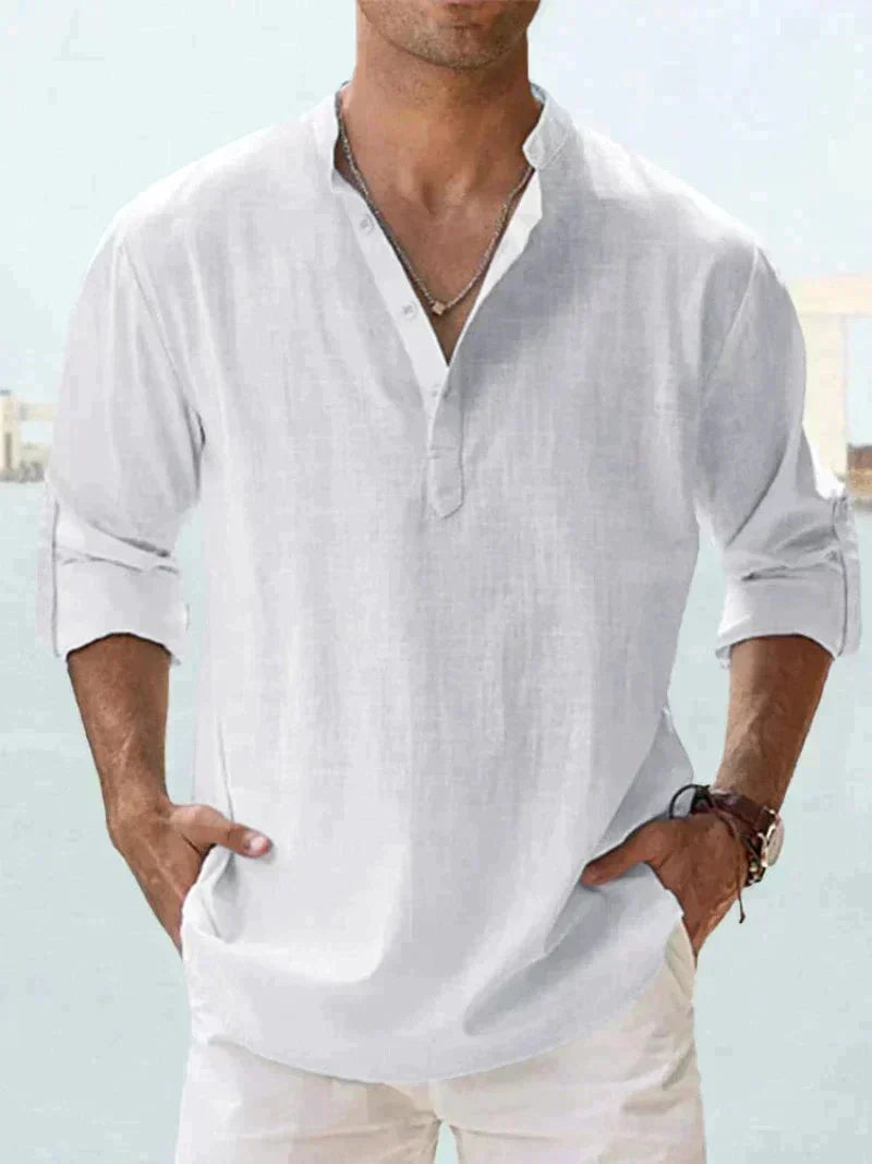 Lightweight men's casual button-down summer shirt, long sleeve, great for warm weather, beach, and vacation.