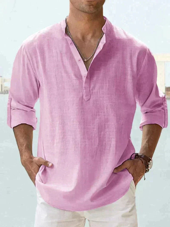 Essential men's beach shirt, relaxed fit long sleeve button-down, perfect for vacation, warm weather & casual style.