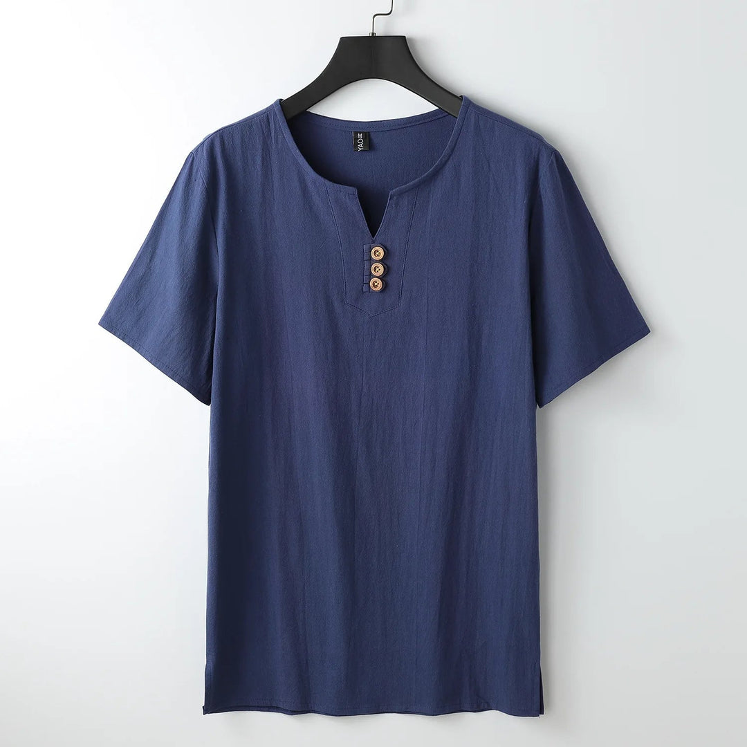 Men's relaxed fit button-neck t-shirt, short sleeve, perfect for casual everyday style and comfort.