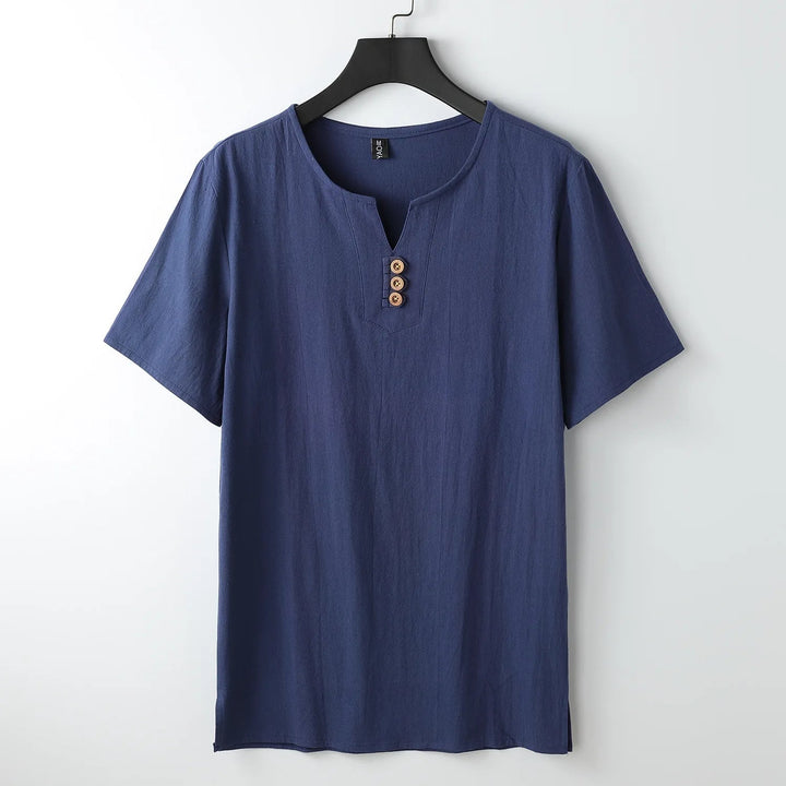 Men's relaxed fit button-neck t-shirt, short sleeve, perfect for casual everyday style and comfort.