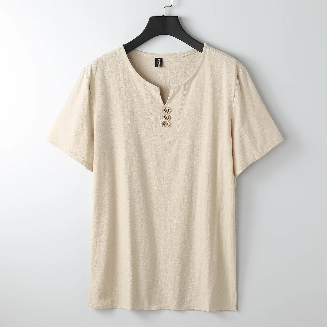 Versatile men's short-sleeve t-shirt with button-neck design, ideal for all-season casual men's fashion.