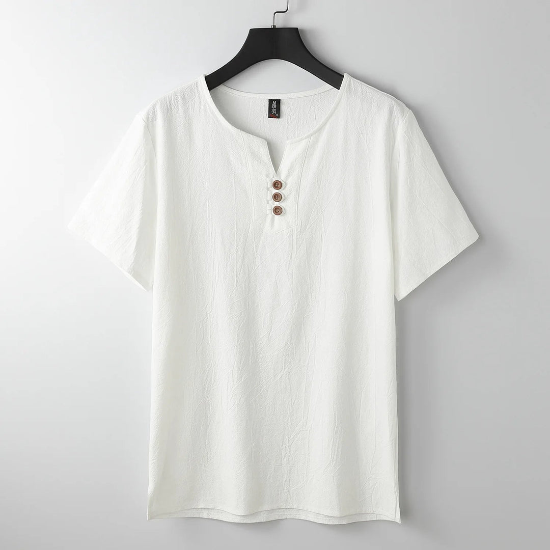Stylish men's button-neck t-shirt in a relaxed fit, creating an effortless casual outfit for everyday.