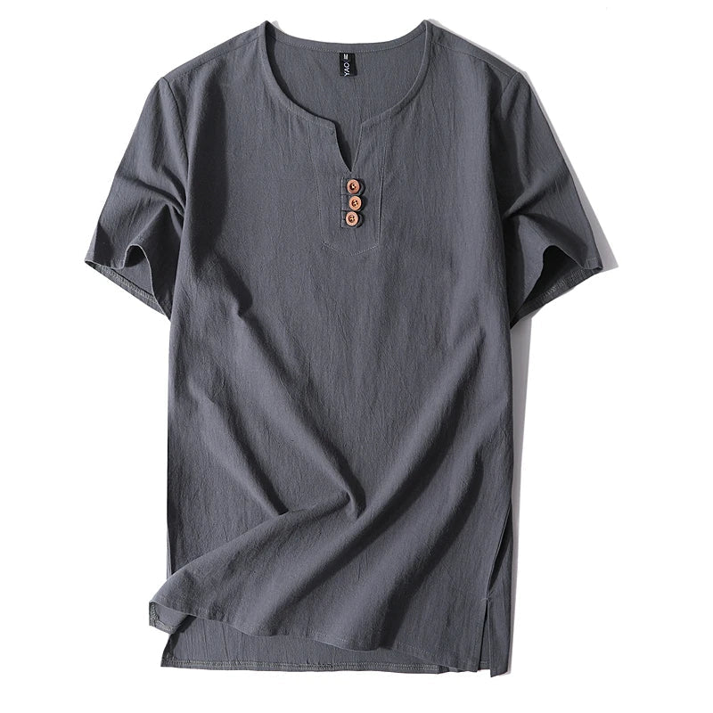 Soft fabric men's relaxed fit t-shirt with button-neck detail, ensuring all-day comfort and easy style.