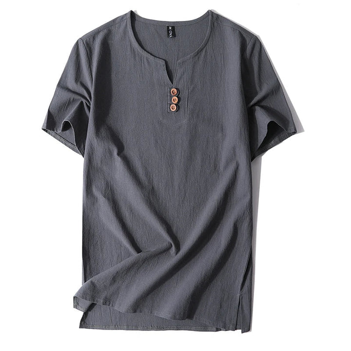 Soft fabric men's relaxed fit t-shirt with button-neck detail, ensuring all-day comfort and easy style.