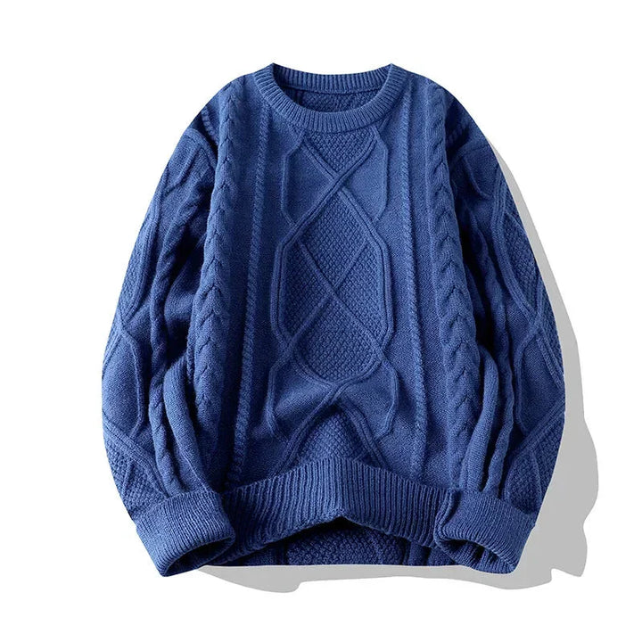 Men's relaxed fit cable knit sweater, a warm wool blend crew neck for winter casual wear.