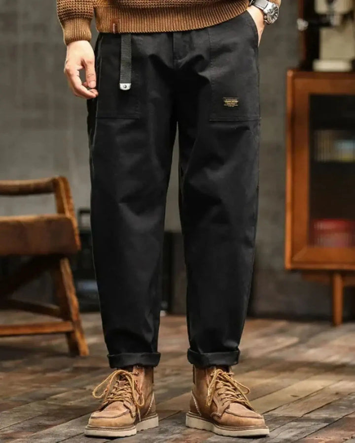Multi-pocket men's relaxed fit cargo pants, practical and comfortable for active outdoor wear.