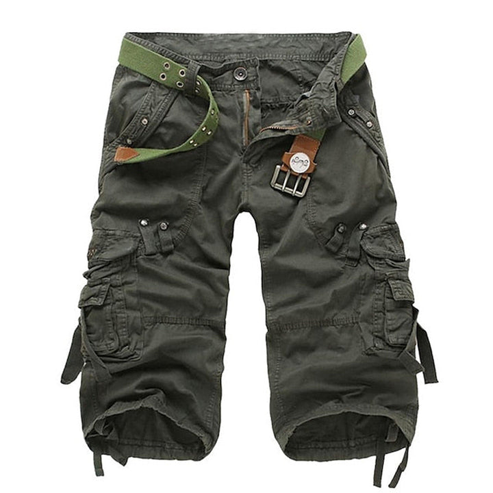 Knee-length men's cargo shorts with multiple utility pockets & a relaxed fit, perfect for summer casual wear.