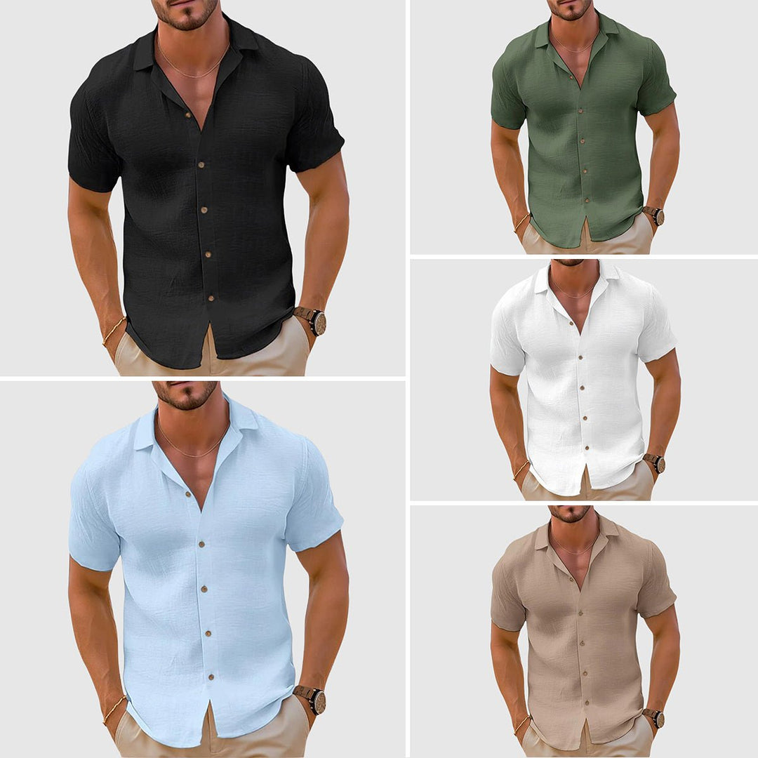 Relaxed fit men's collared short sleeve button-up shirt, perfect for casual summer and warm weather.