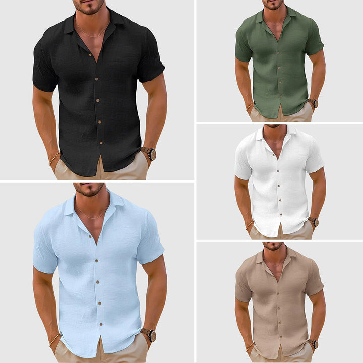 Relaxed fit men's collared short sleeve button-up shirt, perfect for casual summer and warm weather.