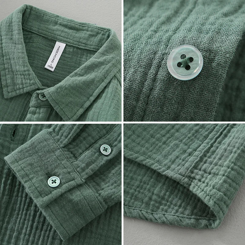 Detail of the fabric on a men's breathable cotton relaxed fit button-down shirt, close-up.