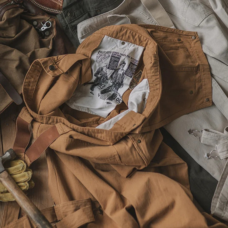 Men's comfortable full-length overalls, relaxed fit, available in khaki, dark green & white. Versatile casual wear.