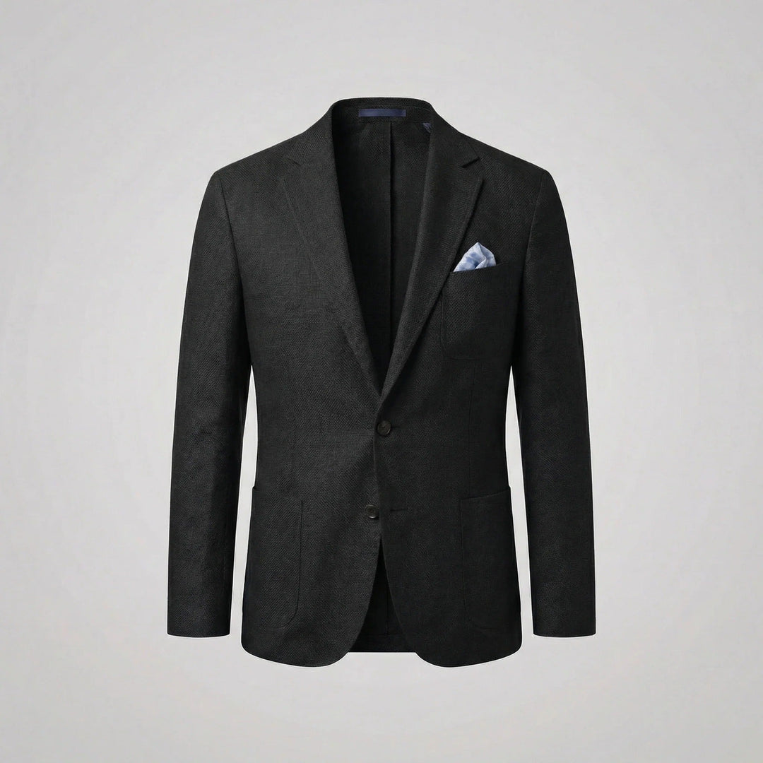 Front view of unbuttoned men's relaxed lightweight blazer, ideal for casual summer layering. Versatile.
