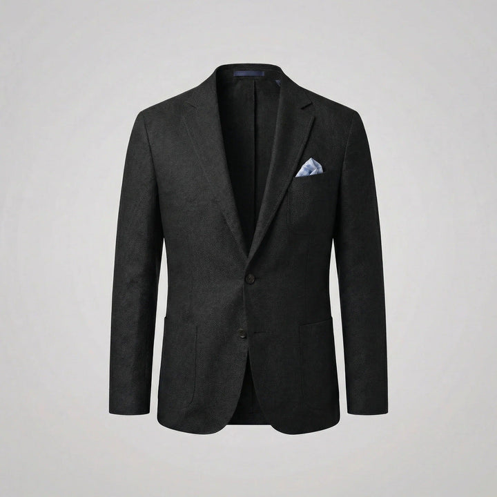 Front view of unbuttoned men's relaxed lightweight blazer, ideal for casual summer layering. Versatile.