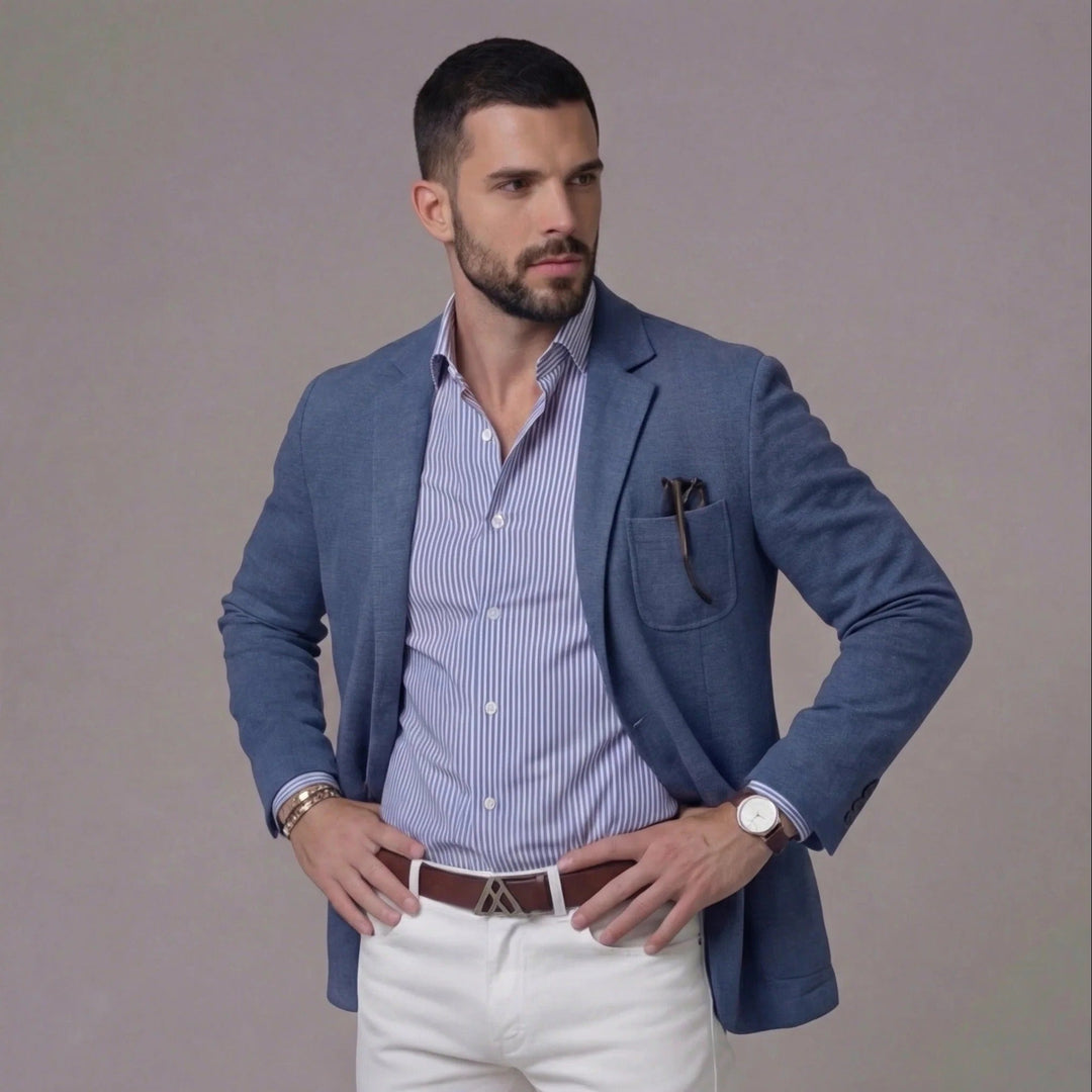 Stylish men's summer blazer, ideal for smart casual events or everyday relaxed wear. Lightweight jacket.