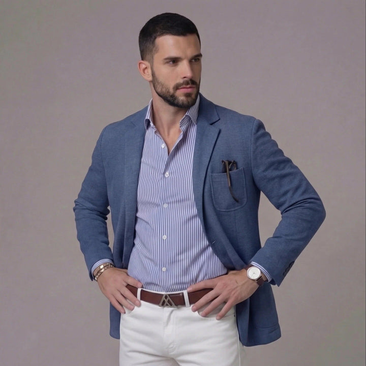 Stylish men's summer blazer, ideal for smart casual events or everyday relaxed wear. Lightweight jacket.