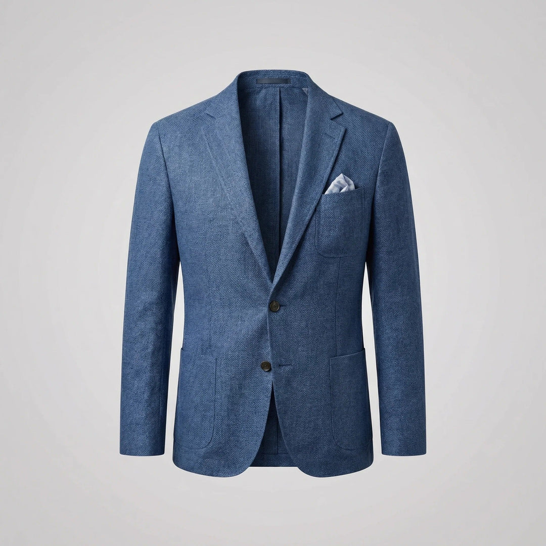 Close-up of lightweight fabric on men's relaxed fit blazer, perfect for smart casual summer outerwear.