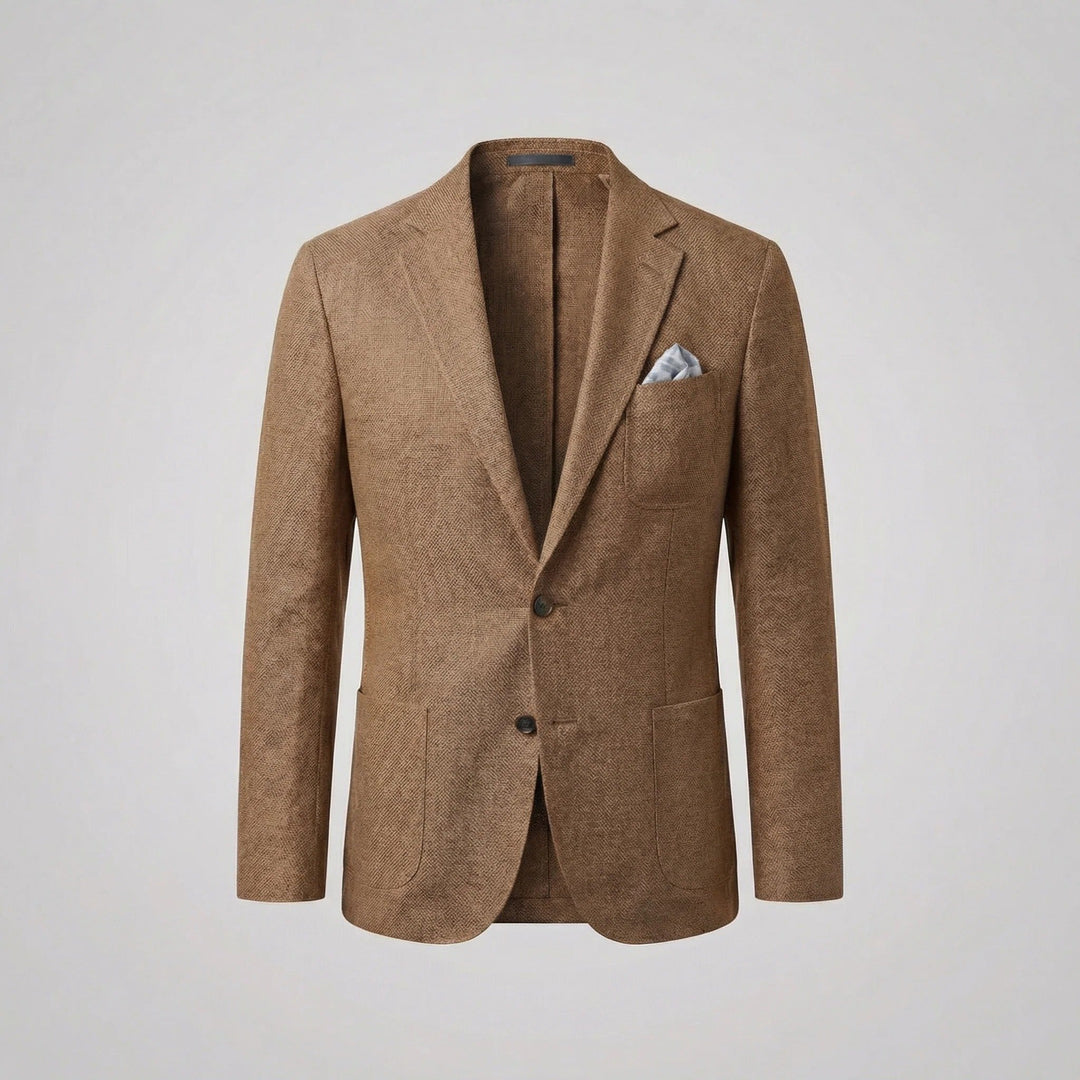 Man wearing a relaxed fit lightweight blazer, demonstrating a smart casual summer look. Versatile jacket.