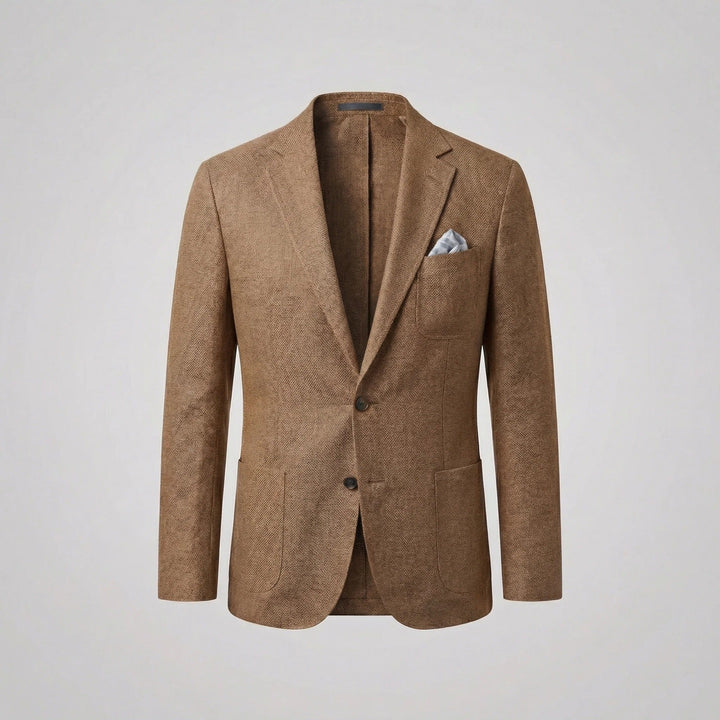 Man wearing a relaxed fit lightweight blazer, demonstrating a smart casual summer look. Versatile jacket.