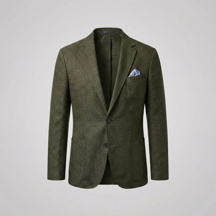 Back view of a men's relaxed fit lightweight blazer, showcasing its casual summer design. Outerwear.