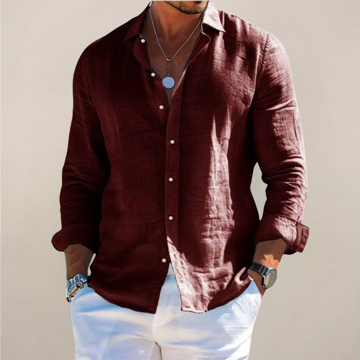 Breathable men's long sleeve button shirt, relaxed fit for summer/spring casual comfort.
