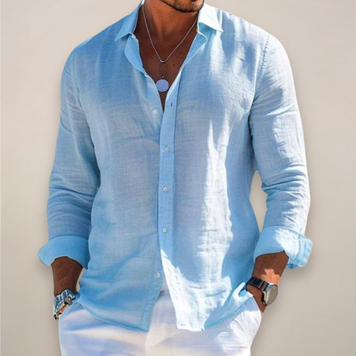 Stylish men's button-up shirt with long sleeves, offering effortless casual style.
