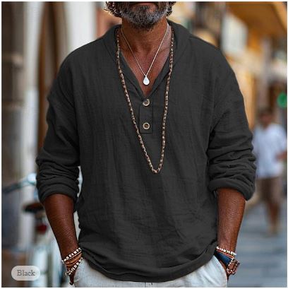 Relaxed fit men's long sleeve button shirt with a modern stand-up collar. Great for spring and summer casual wear.