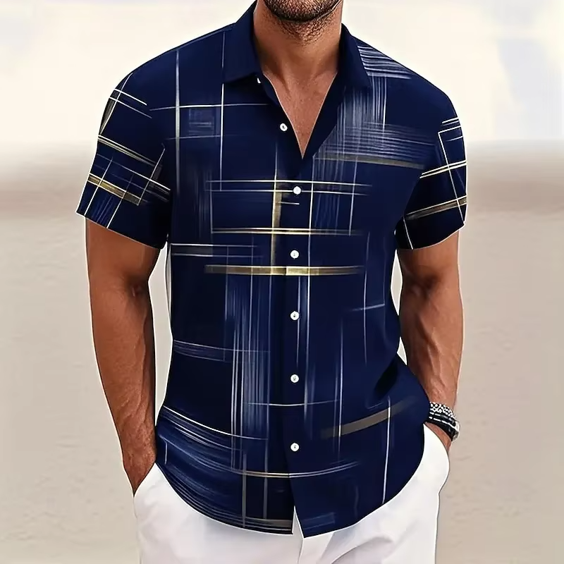 Men's relaxed fit polo shirt with a stylish geometric print, perfect for casual summer wear.