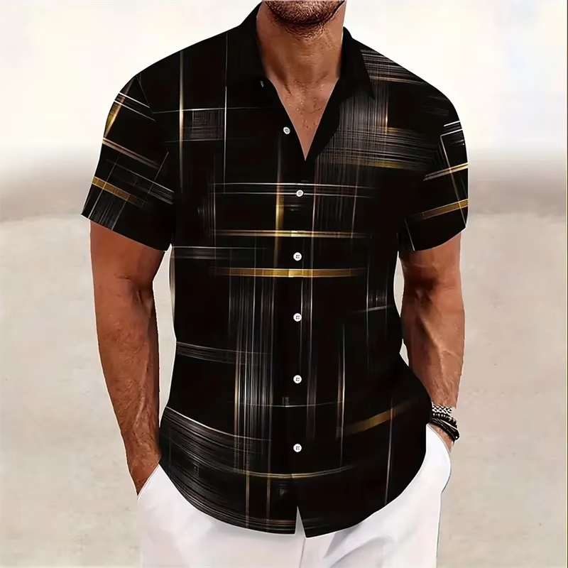 Modern men's geometric print short sleeve polo shirt. Ideal for a relaxed fit and casual fashion.