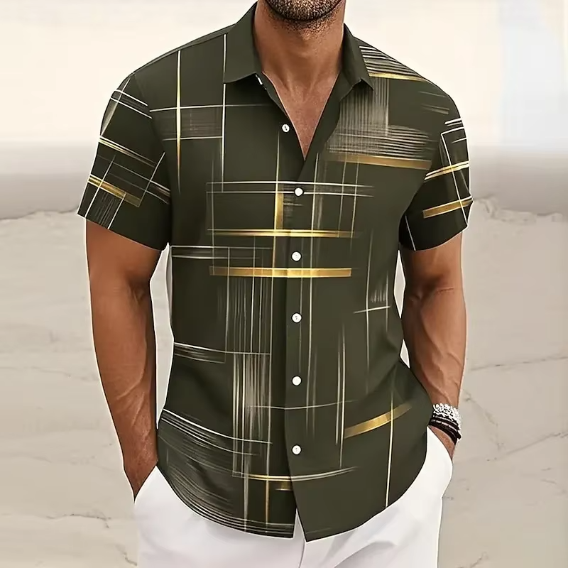 Stylish men's button-front polo with a vibrant geometric pattern. Relaxed fit for summer comfort.