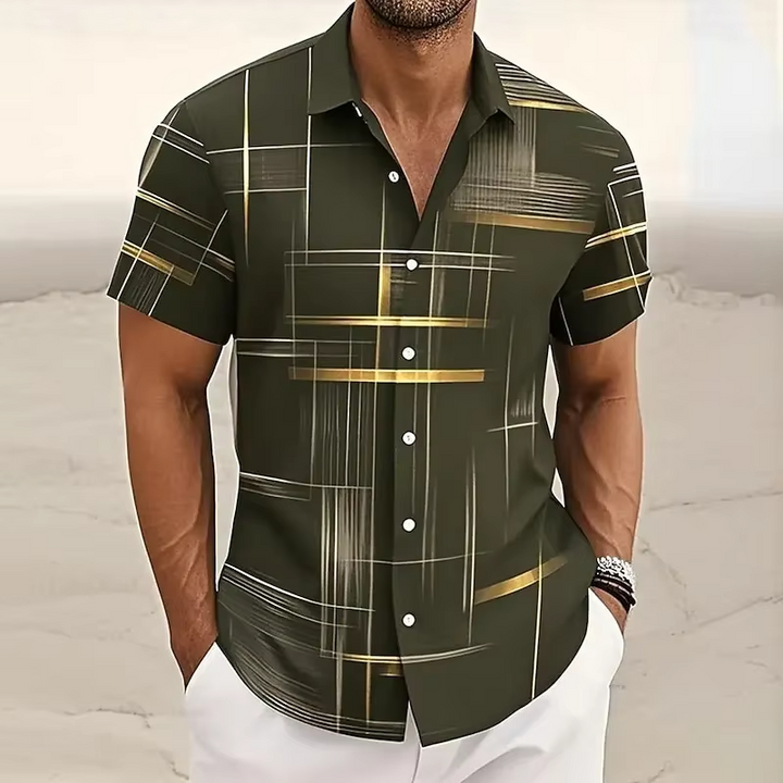 Stylish men's button-front polo with a vibrant geometric pattern. Relaxed fit for summer comfort.