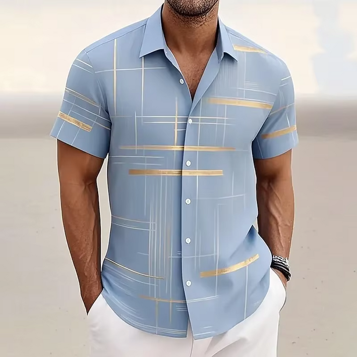 Relaxed fit men's polo shirt featuring a unique modern geometric print. Great for everyday casual style.