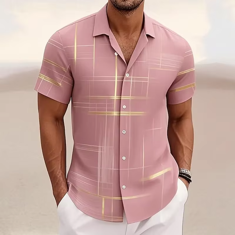 Men's fashion polo with a bold geometric print and comfortable relaxed fit. Perfect short sleeve summer top.