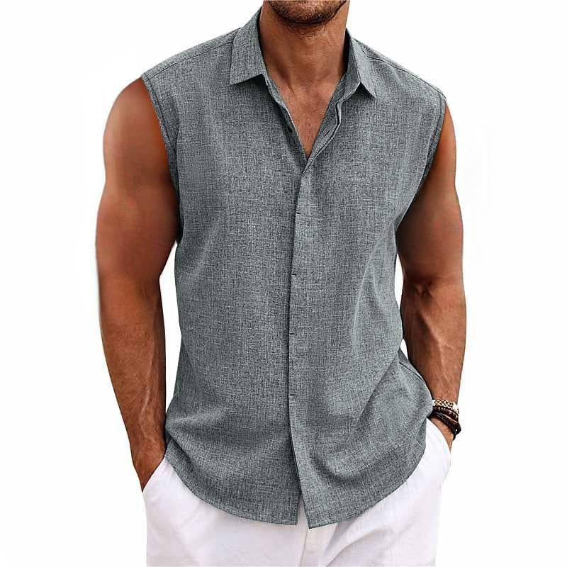 Men's relaxed fit sleeveless button-down shirt. Perfect for summer casual wear.