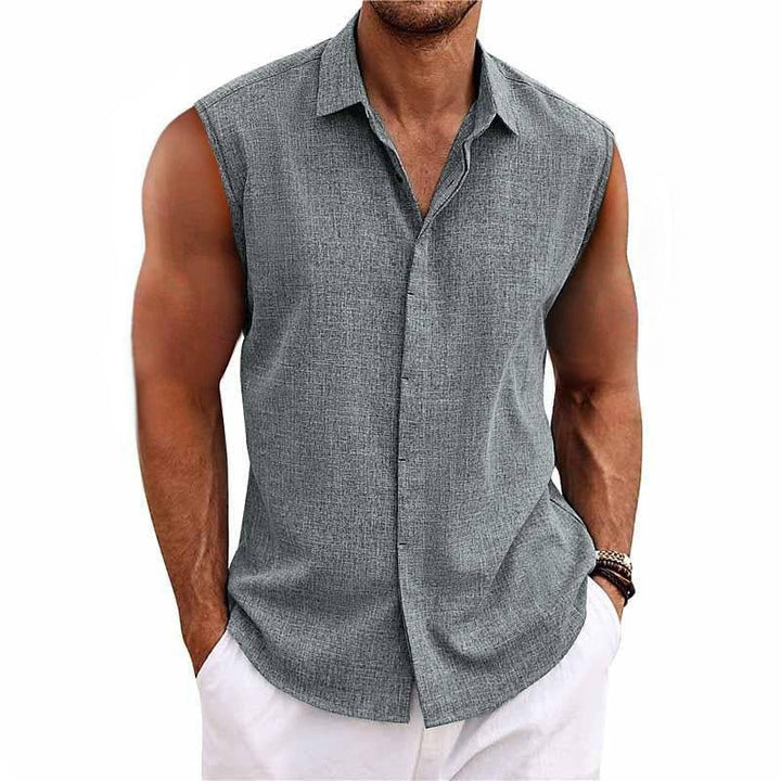 Men's relaxed fit sleeveless button-down shirt. Perfect for summer casual wear.