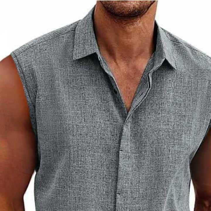 Stylish men's sleeveless buttondown tank top for beach, resort, or casual summer fashion.