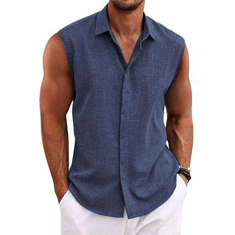 Modern men's sleeveless button-down tank top. A must-have for summer fashion & beachwear.