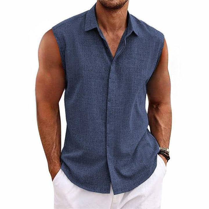 Modern men's sleeveless button-down tank top. A must-have for summer fashion & beachwear.